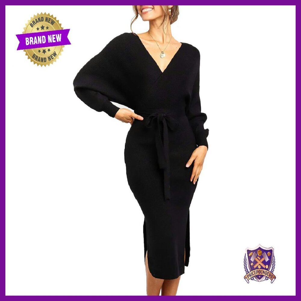 Long Maxi Sweater Dress Wrap Batwing V Neck Bodycon with Belt